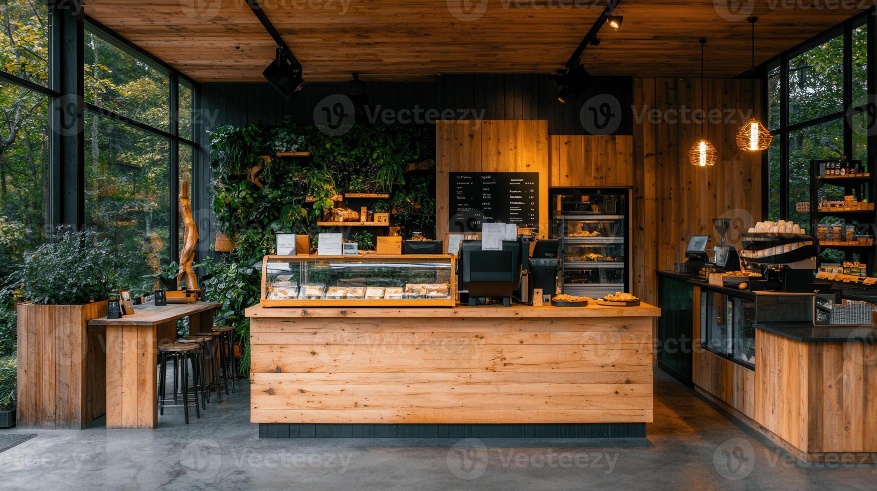 Rustic Wooden Cafe Interior Design with Greenery and Large Windows photo