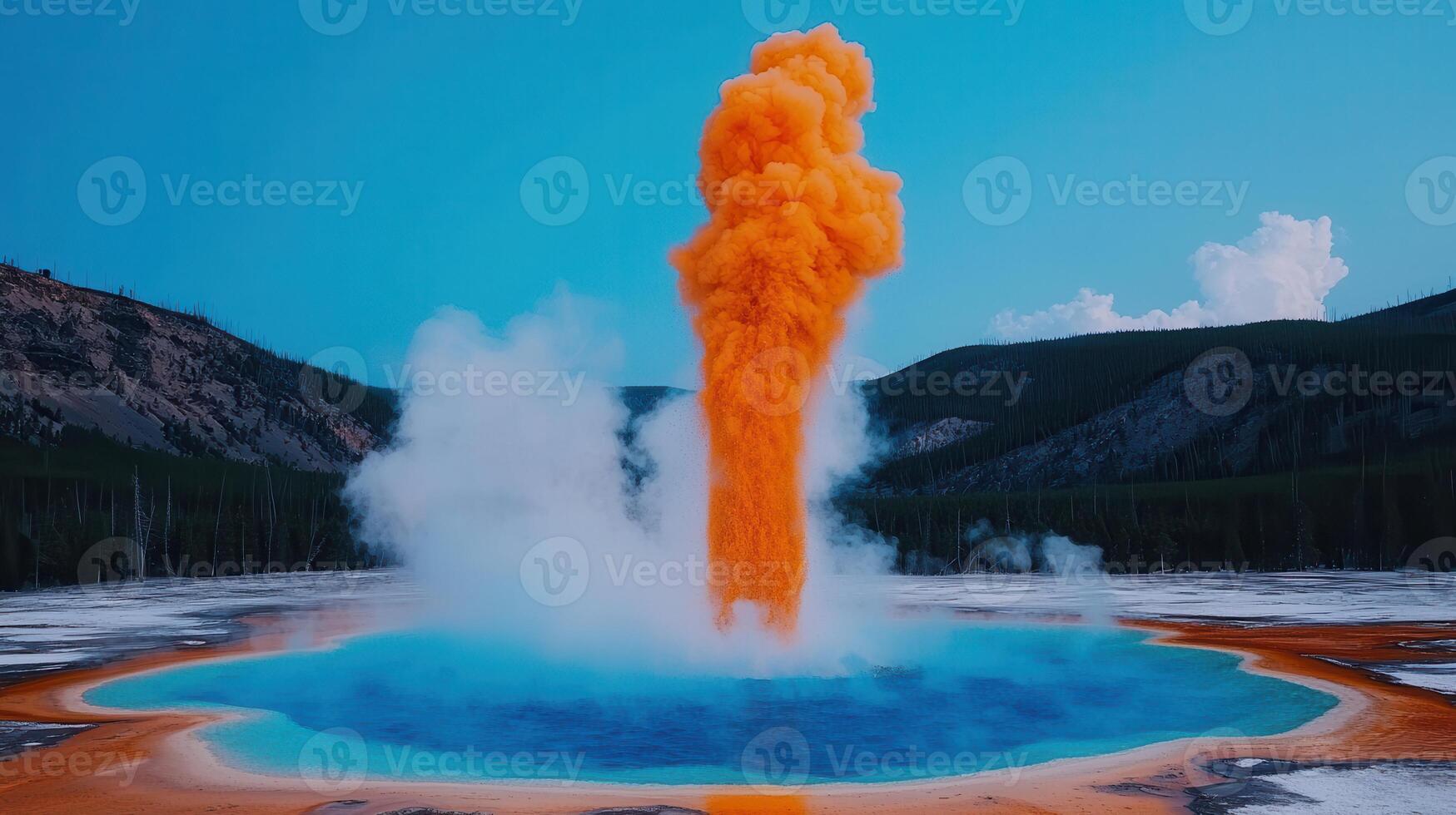 Vibrant Orange Geyser Eruption in Yellowstone National Park Stunning Landscape Geothermal Hot Spring photo