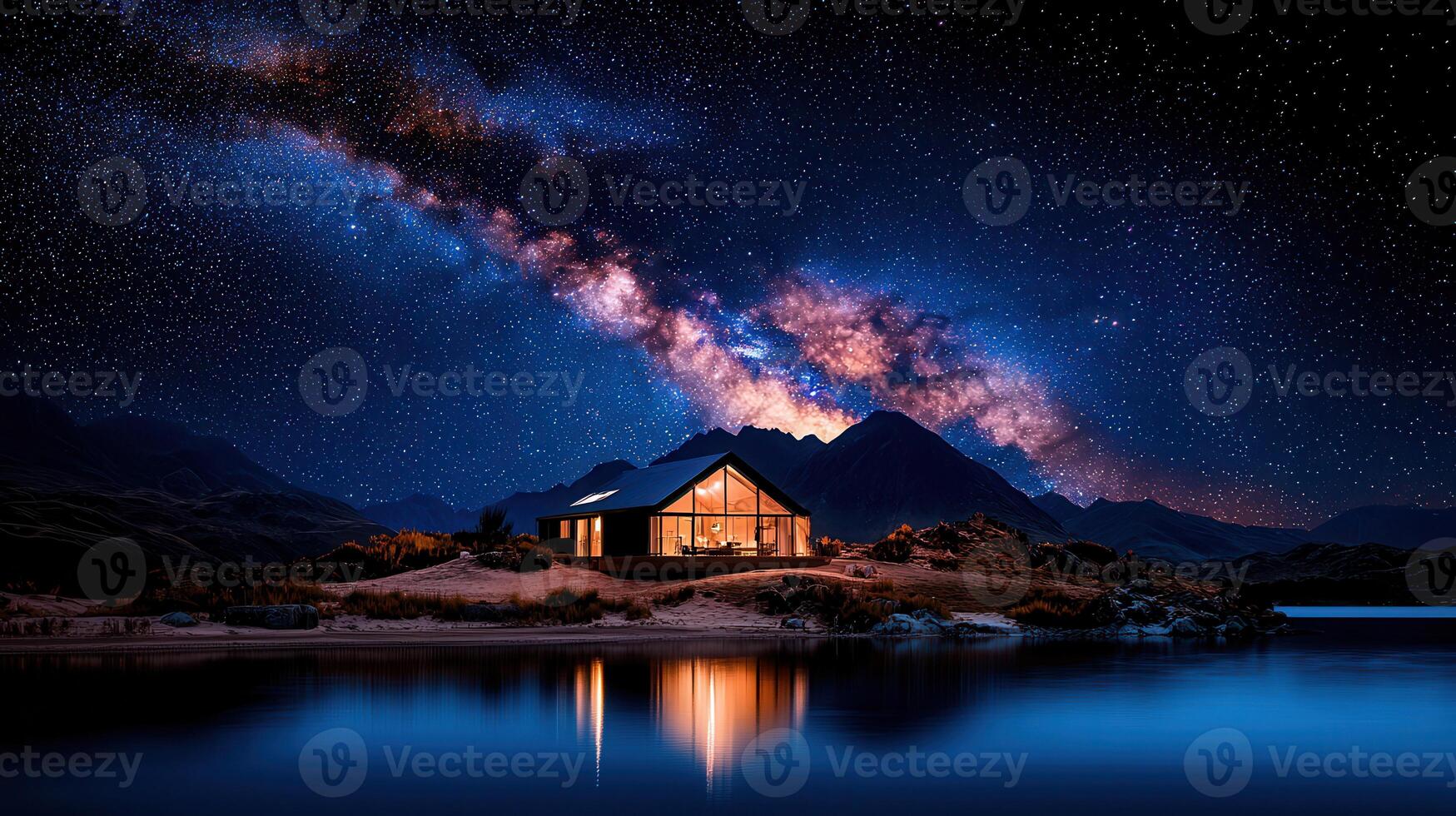 Modern Lakeside Cabin Illuminated at Night Under a Breathtaking Milky Way Galaxy Starry Sky over Majestic Mountains photo