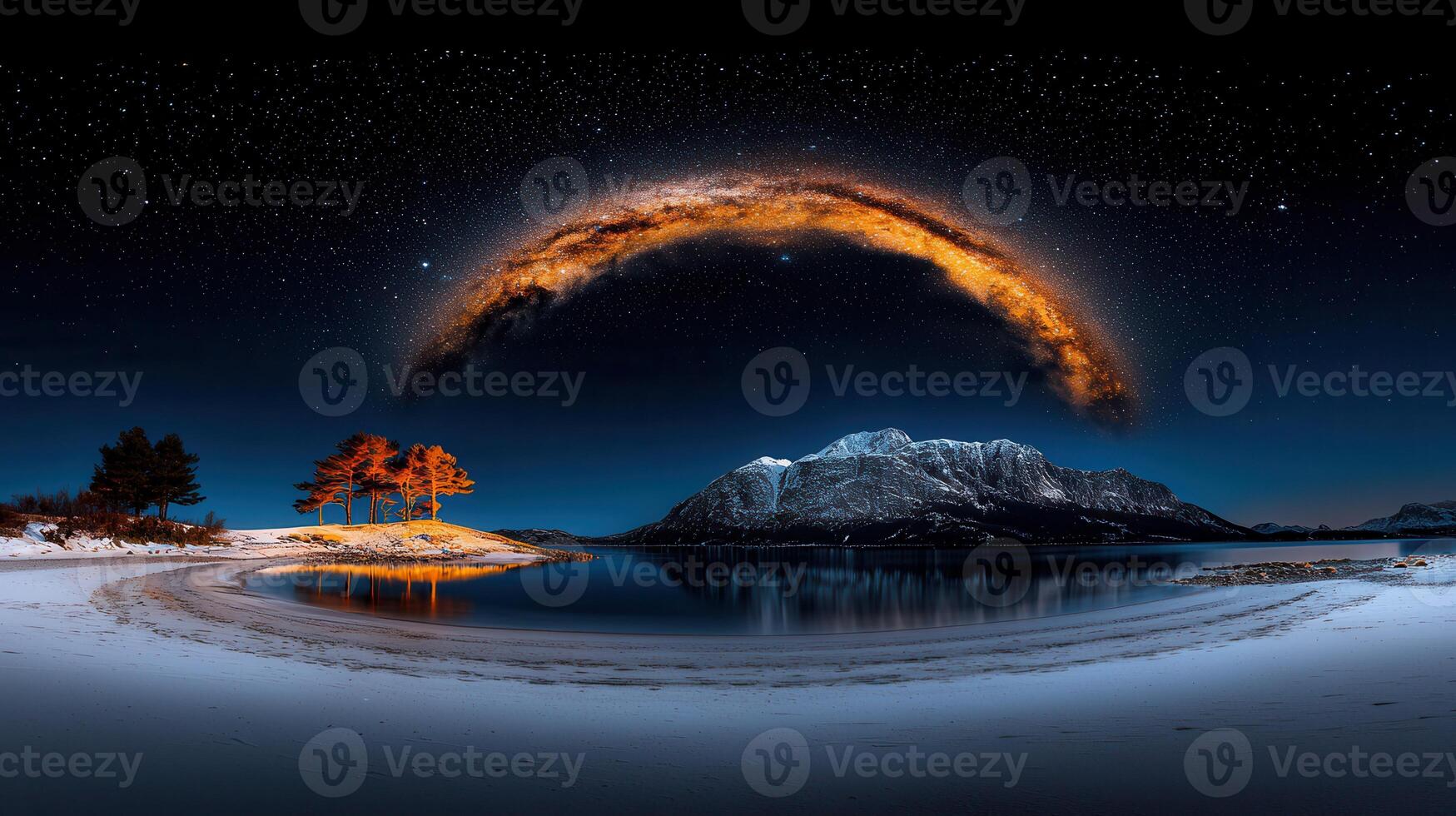 Stunning Milky Way Arch over Snowy Beach Winter Landscape Breathtaking Night Sky Stars Mountains Trees photo