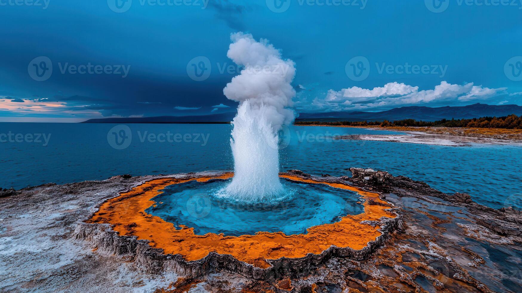 Majestic Ocean Geyser Erupts Powerful Water Steam Dramatic Coastal Landscape photo