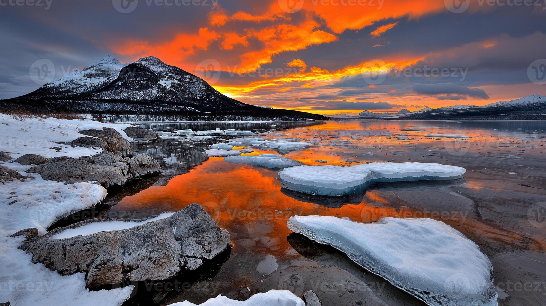 Stunning Sunset over a Frozen Lake in a Mountainous Winter Landscape Breathtaking Colors Reflecting on the Ice photo