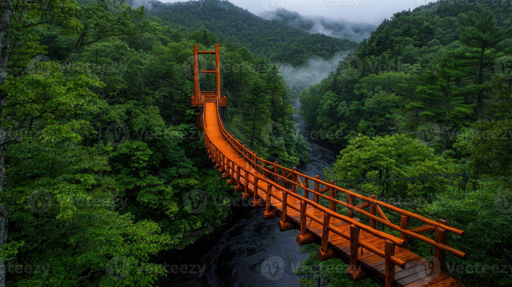 Scenic Wooden Suspension Bridge Over Lush Green Forest River Valley Tranquil Nature Escape photo