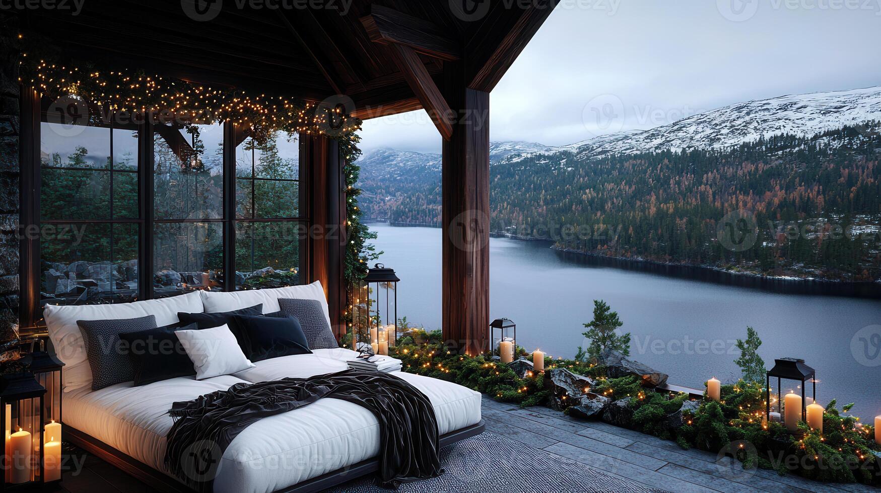 Cozy Winter Cabin Getaway Bed with Lake View Romantic Christmas Lights photo