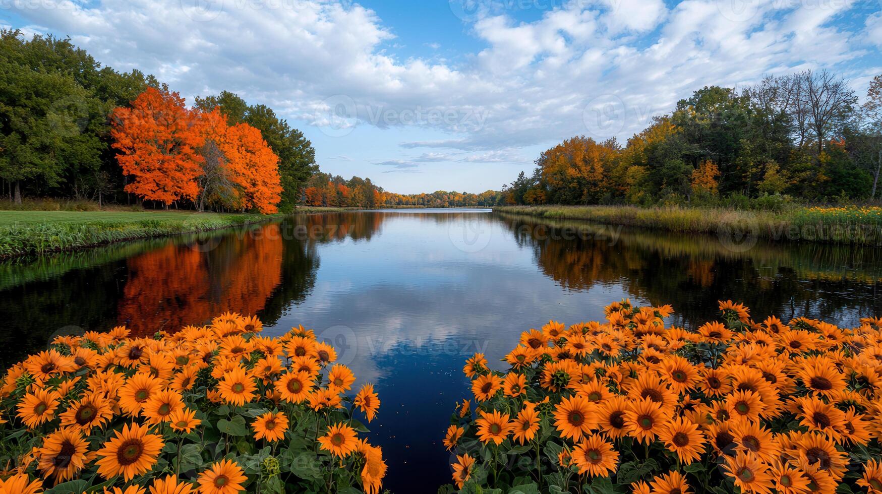 Serene Autumn Landscape Sunflowers Bloom by a Calm Lake with Vibrant Fall Foliage Reflecting in the Water photo