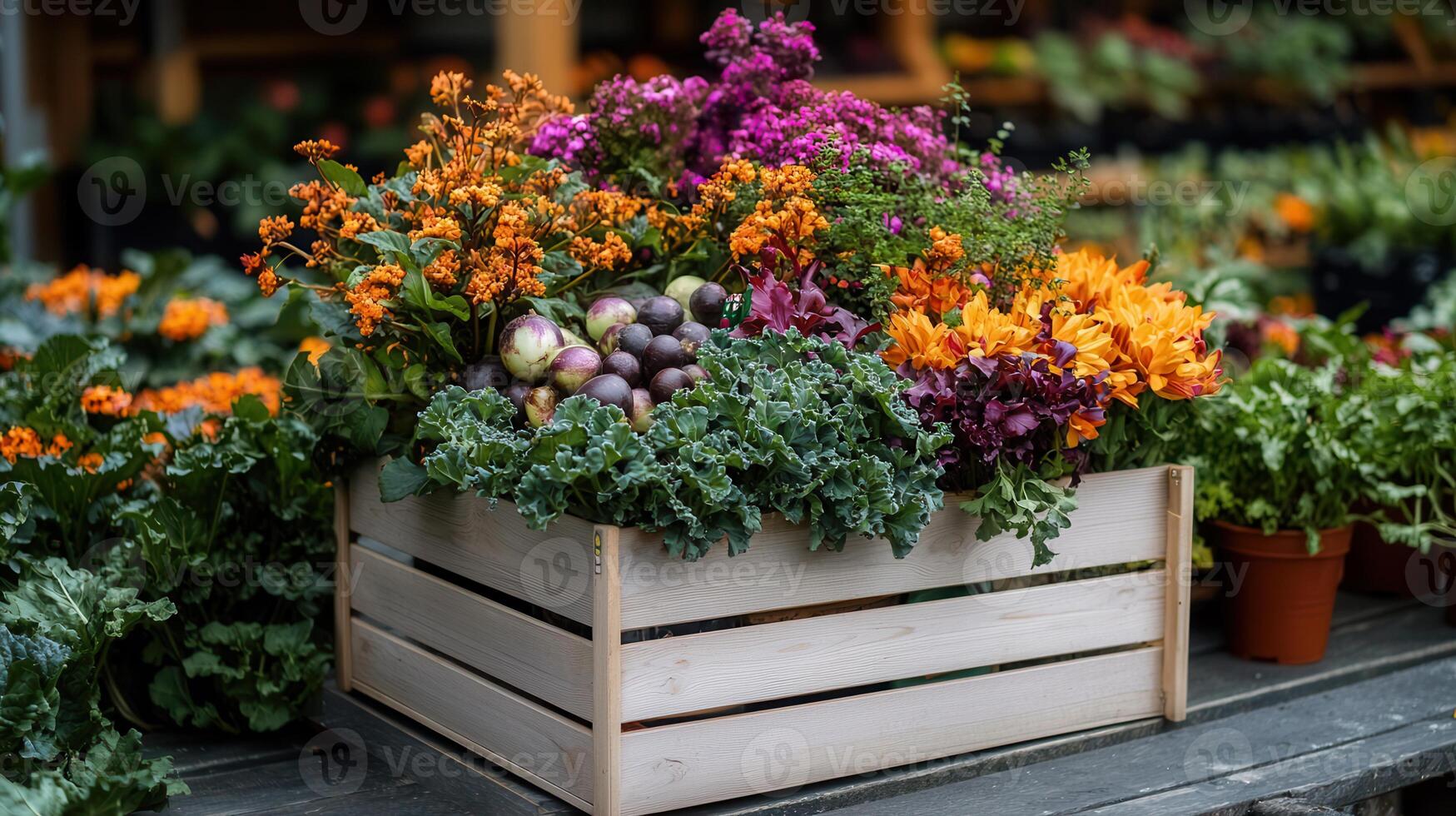 Vibrant Autumn Flowers and Fresh Vegetables in Wooden Crate Market Display photo