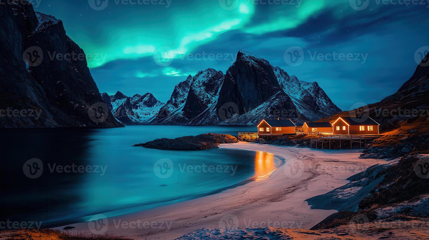 Serene Night Scene of Illuminated Cabins on a Secluded Beach with Stunning Aurora Borealis and Majestic Mountains photo