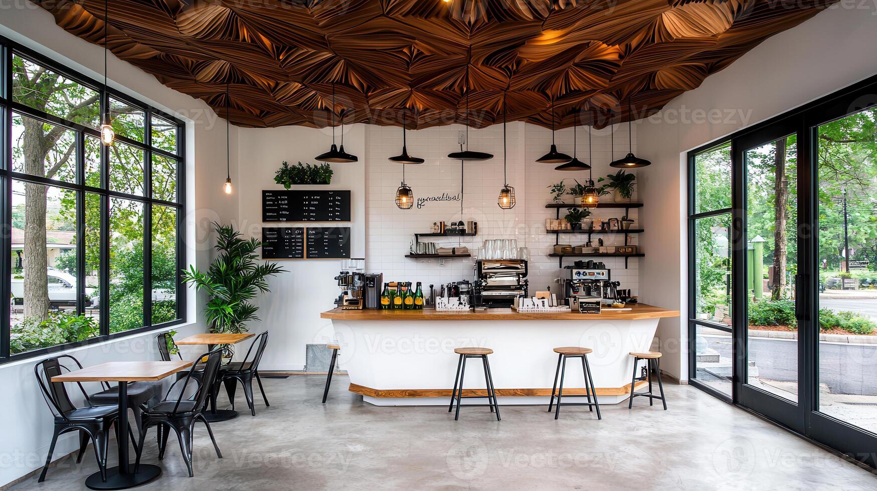 Modern Coffee Shop Interior Design with Unique Wooden Ceiling and Large Windows photo