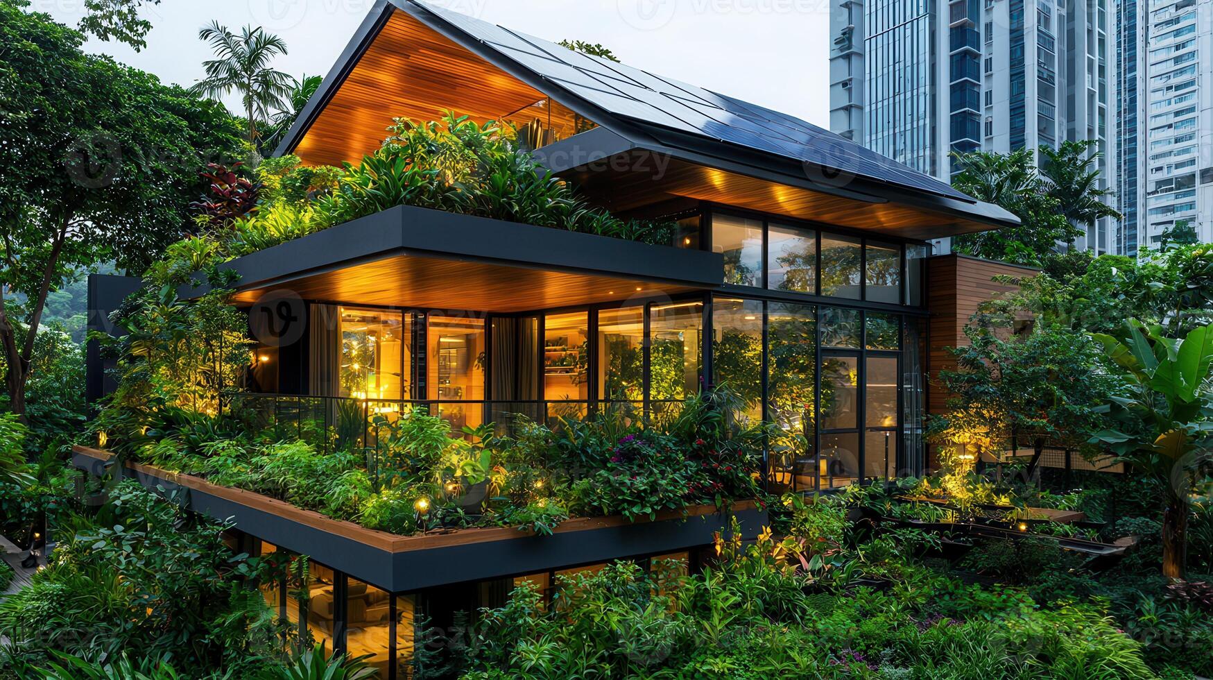 Modern Eco Friendly House with Green Roof and Solar Panels in Lush Tropical Garden at Night photo