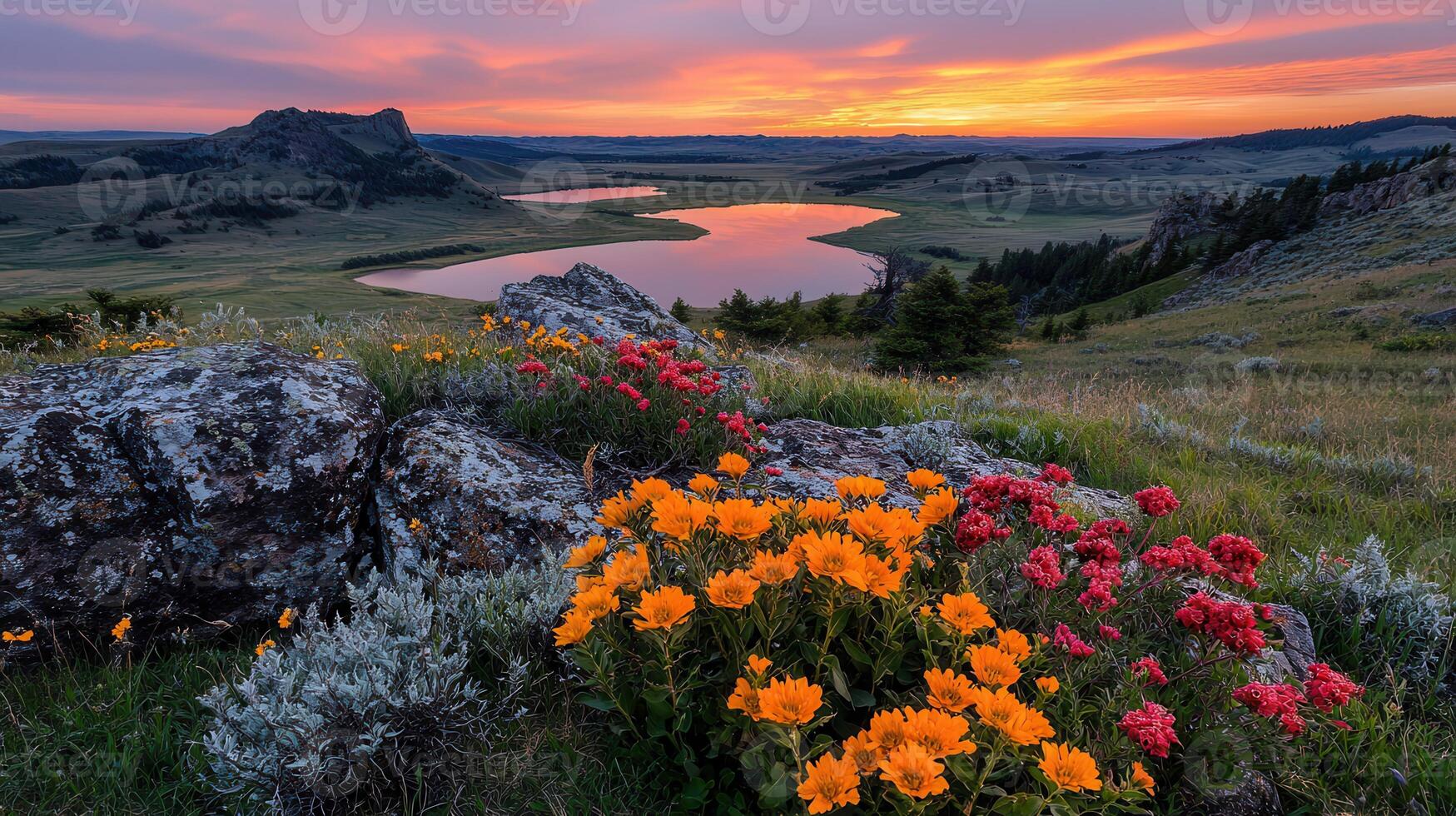 Stunning Sunset Landscape with Vibrant Orange and Red Wildflowers Blooming on Rocky Hillside near Serene Lake photo