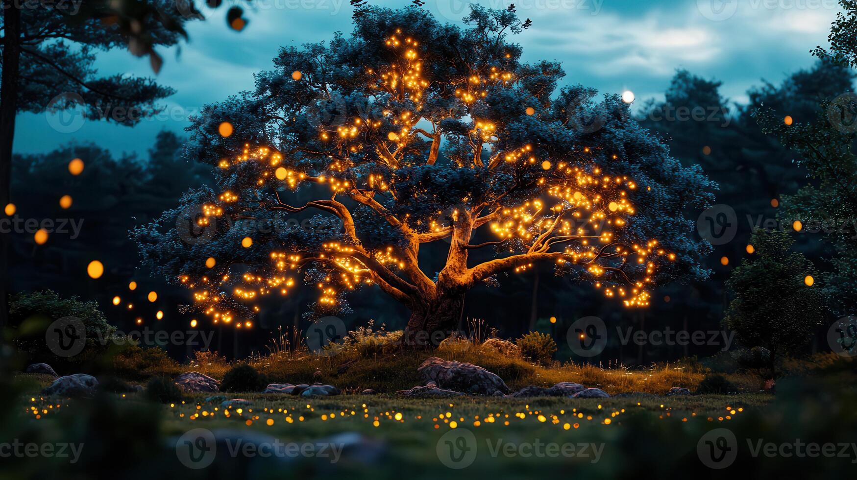 Magical Illuminated Tree in Enchanting Forest at Night Fantasy Nature Scene photo