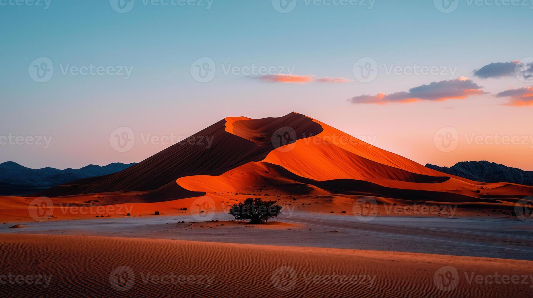 Majestic Sunset over Giant Orange Sand Dune in Desert Landscape A lone tree stands in the foreground photo