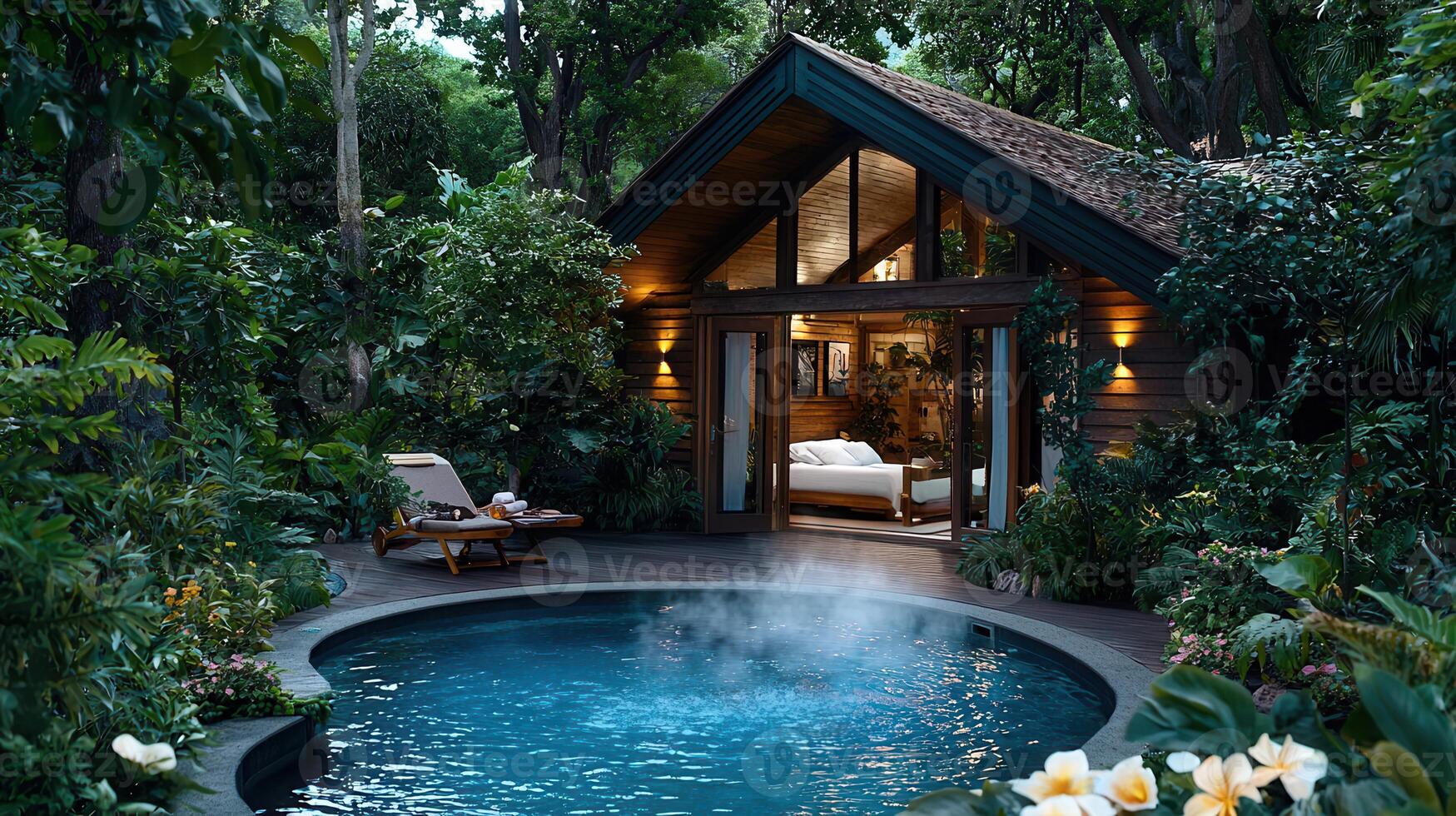 Luxurious Tropical Bungalow with Private Pool and Lush Greenery Surrounding a Tranquil Oasis photo