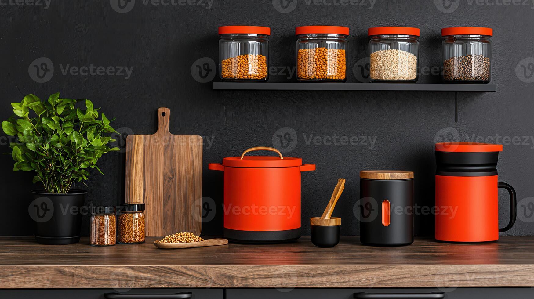Modern Kitchen Design Orange and Black Storage Containers and Spice Jars on Wooden Countertop photo