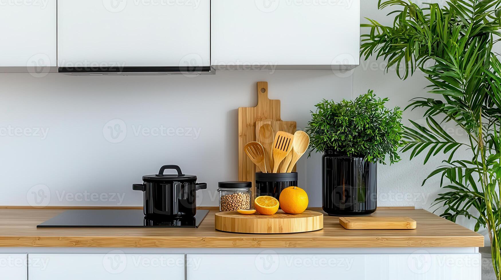 Modern minimalist kitchen countertop design with bamboo cutting boards wooden utensils black cookware and potted plants photo