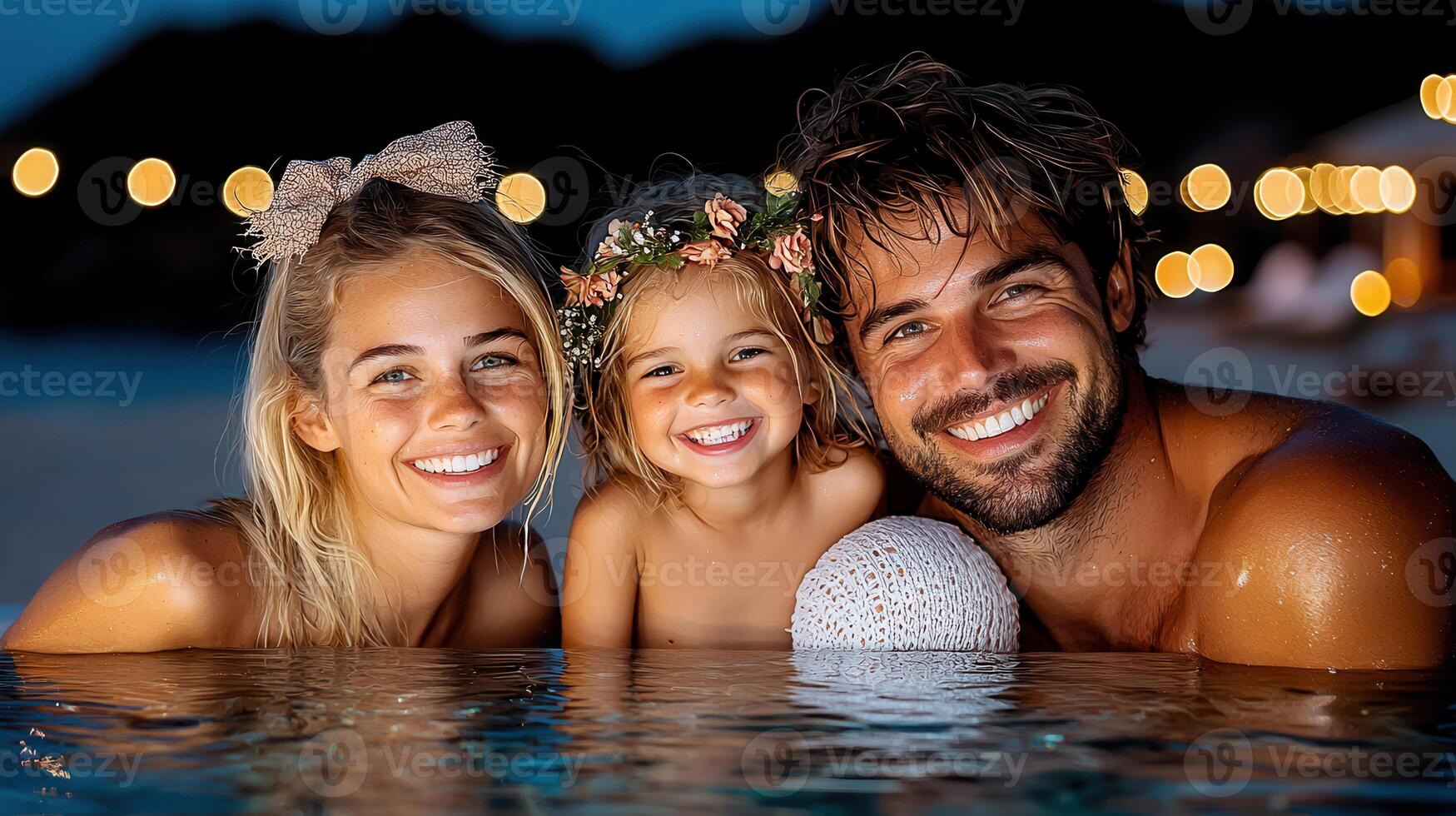 Happy Family Enjoying a Night Swim in a Pool Under the Lights Parents and Daughter Smiling Together photo