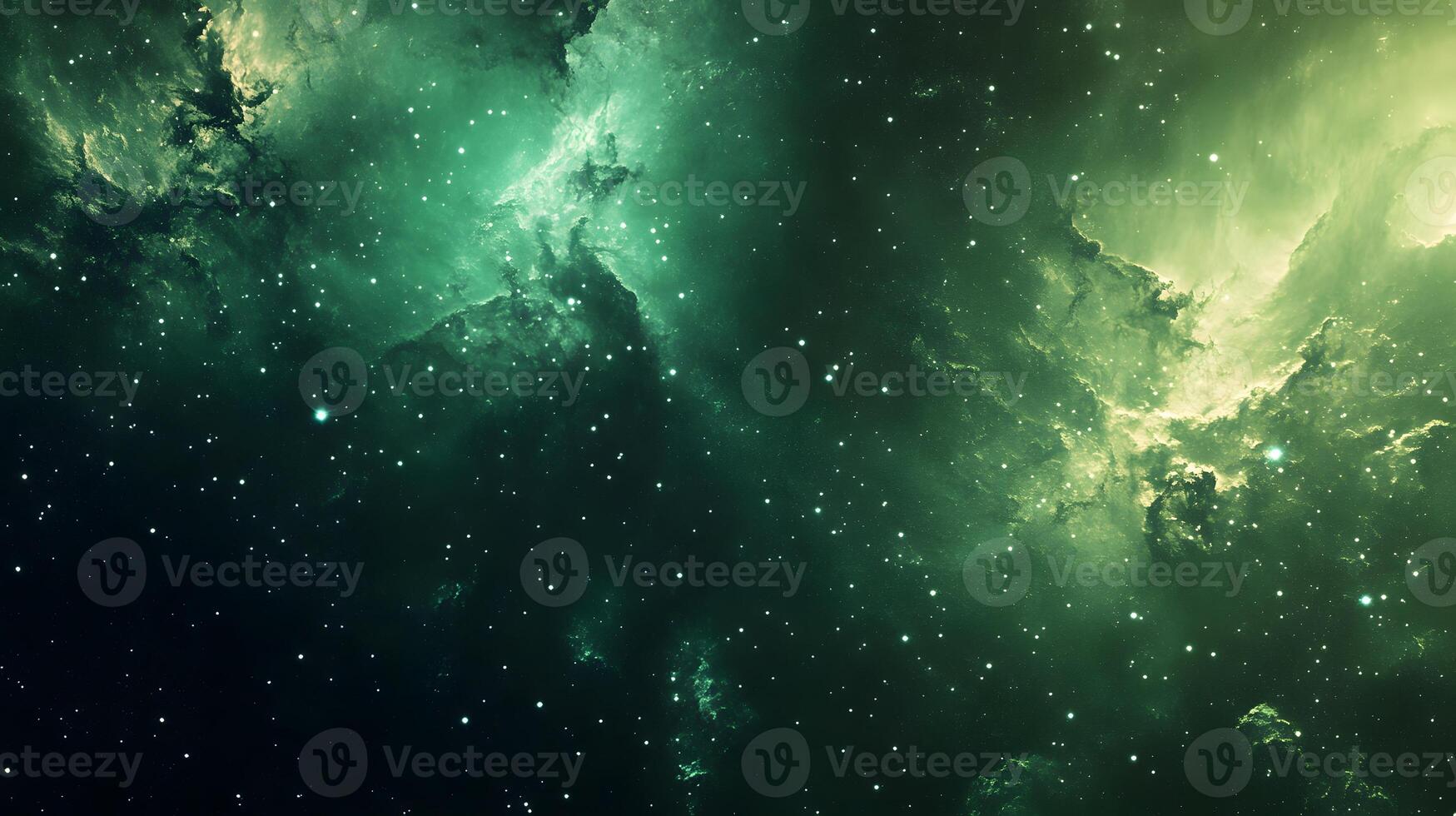 A vibrant depiction of a cosmic scene filled with stars and nebulous clouds. photo