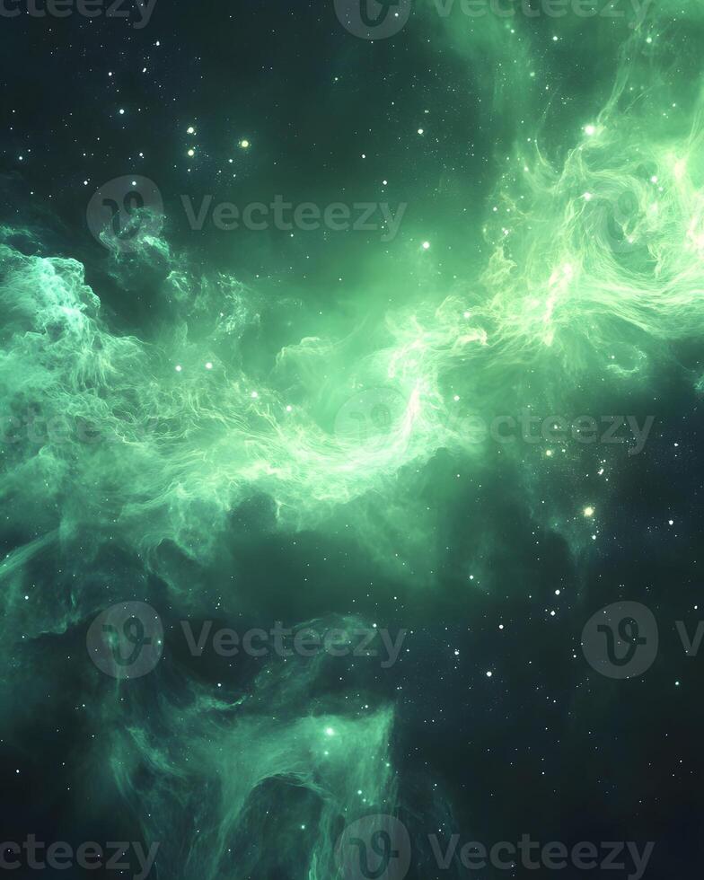 A vibrant green nebula swirling in the depths of space, filled with stars and cosmic dust. photo