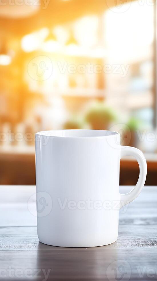 A white mug sits on a wooden table, illuminated by soft sunlight in a cozy setting. photo