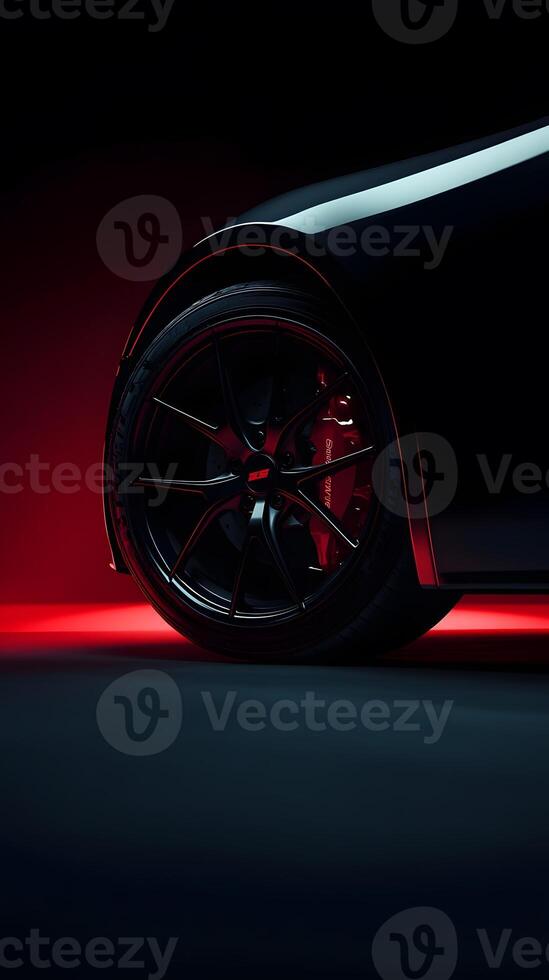 Black Car Wheel and Body Detail with Red Background photo