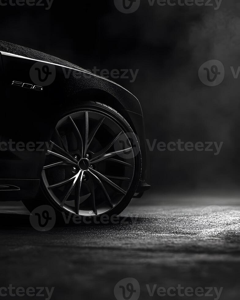 Black Car Wheel and Fender with Water Droplets photo