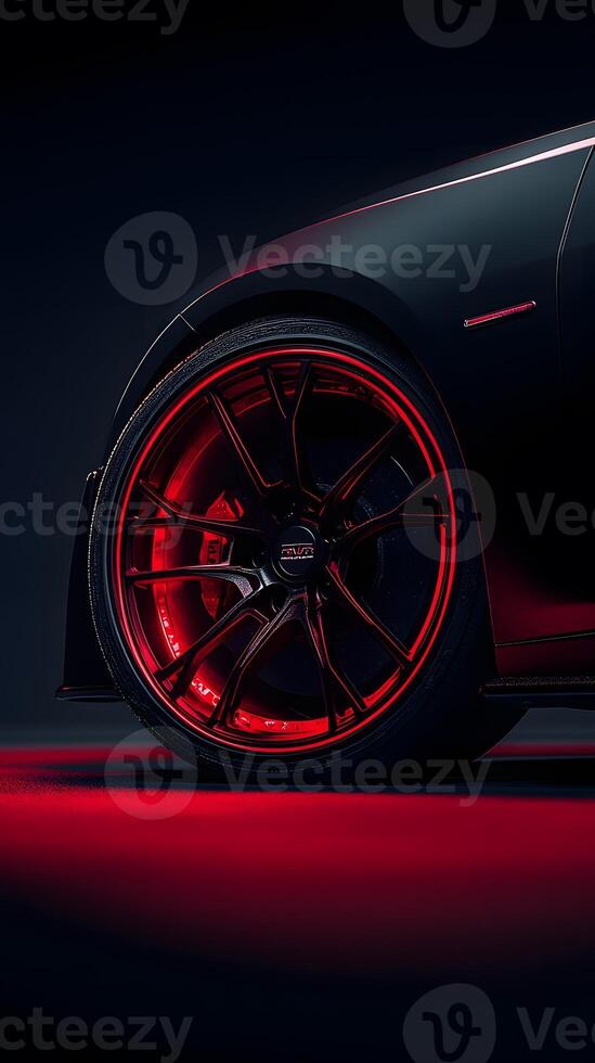 Black Car Wheel with Red LED Rim Lighting photo