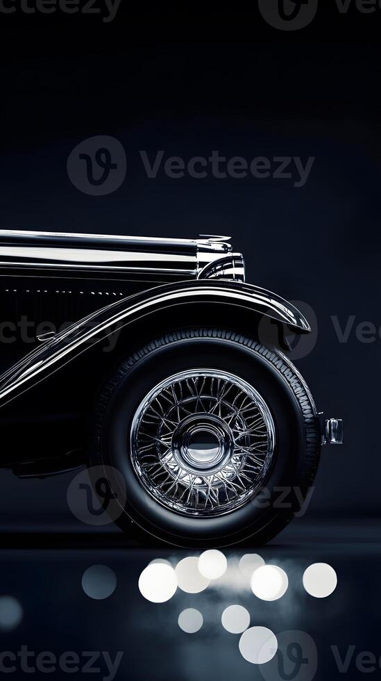 Black Classic Automobile Wheel and Fender Detail photo