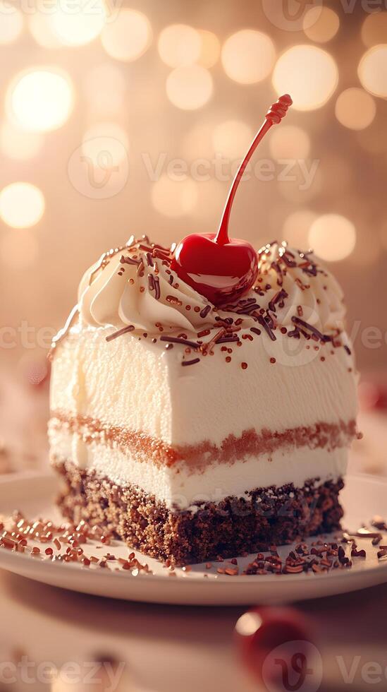 Black Forest Cake Slice with Maraschino Cherry and Sprinkles photo