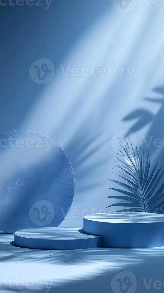 Blue Cylindrical Display Platforms with Palm Frond and Shadows photo