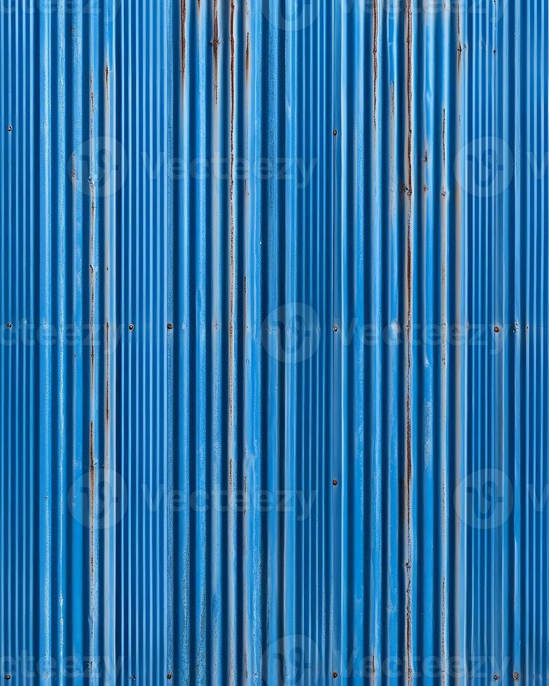 Blue Corrugated Metal Sheet with Rust and Rivets photo