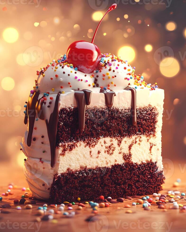 Chocolate Layer Cake with Whipped Cream, Sprinkles, and Cherry photo