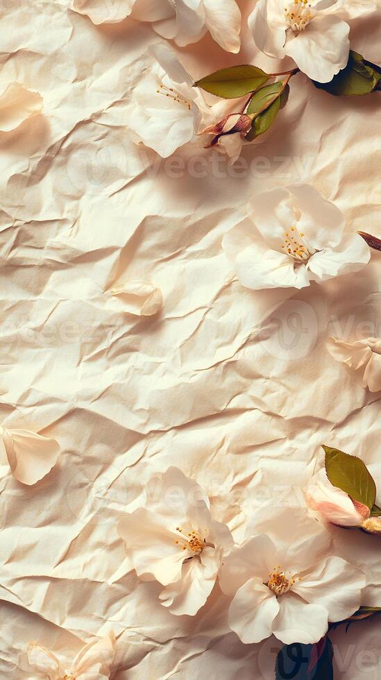 Vintage Pale Floral Arrangement on Crumpled Beige Paper photo