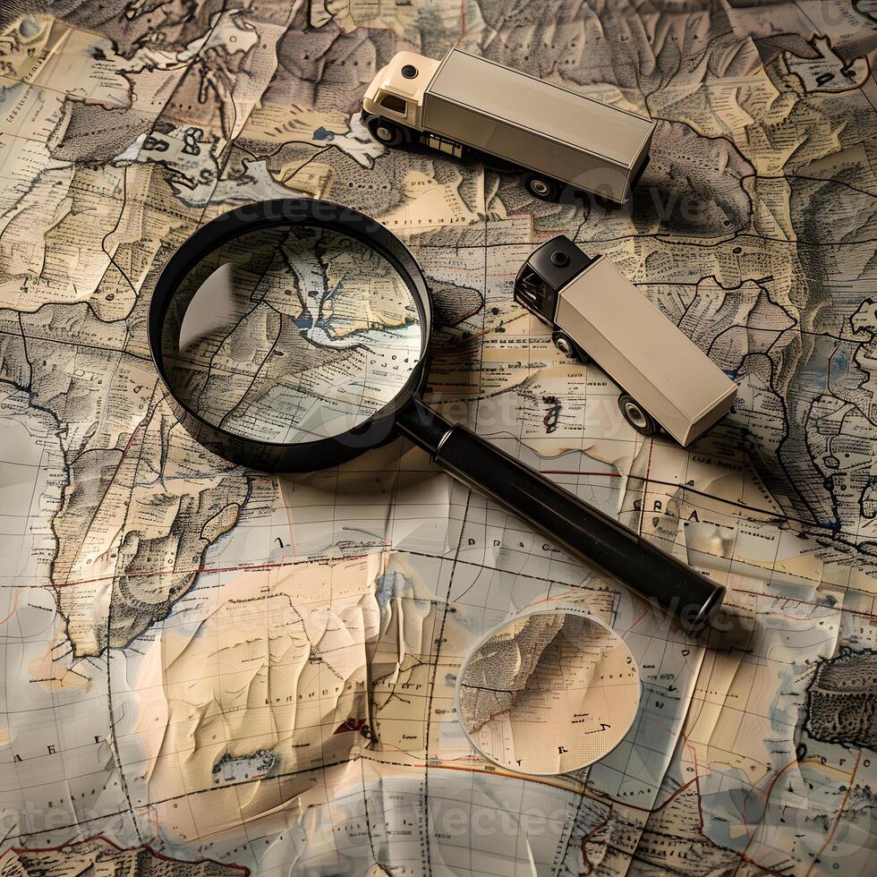Antique Map with Model Trucks and Magnifying Glasses photo
