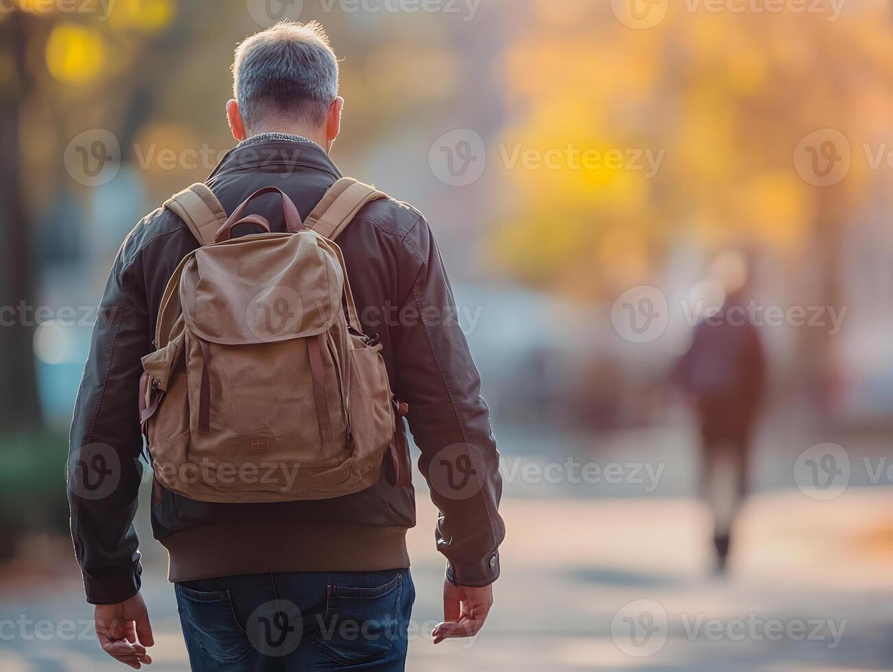 Man Walking Away with Backpack in Autumn Setting photo