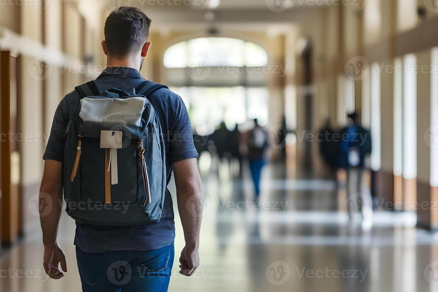 Adult Man Walking Down Hallway with Backpack photo