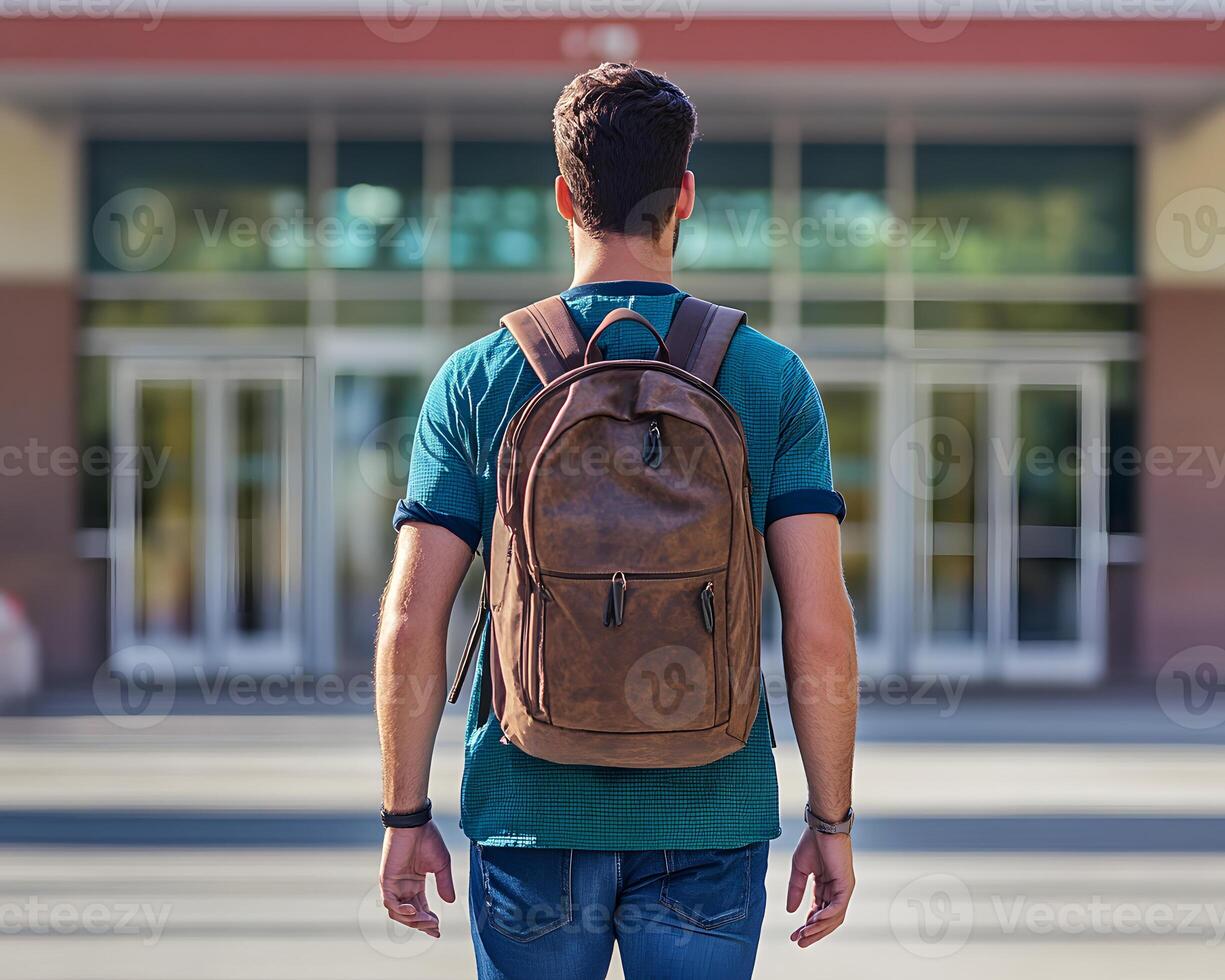 A Man with Backpack Approaching Building Entrance photo
