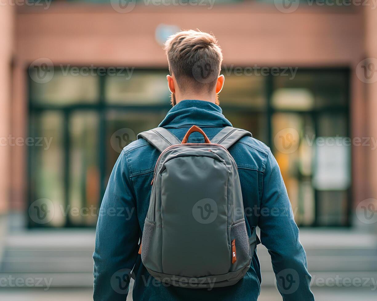 Man with Backpack Facing Building Exterior photo