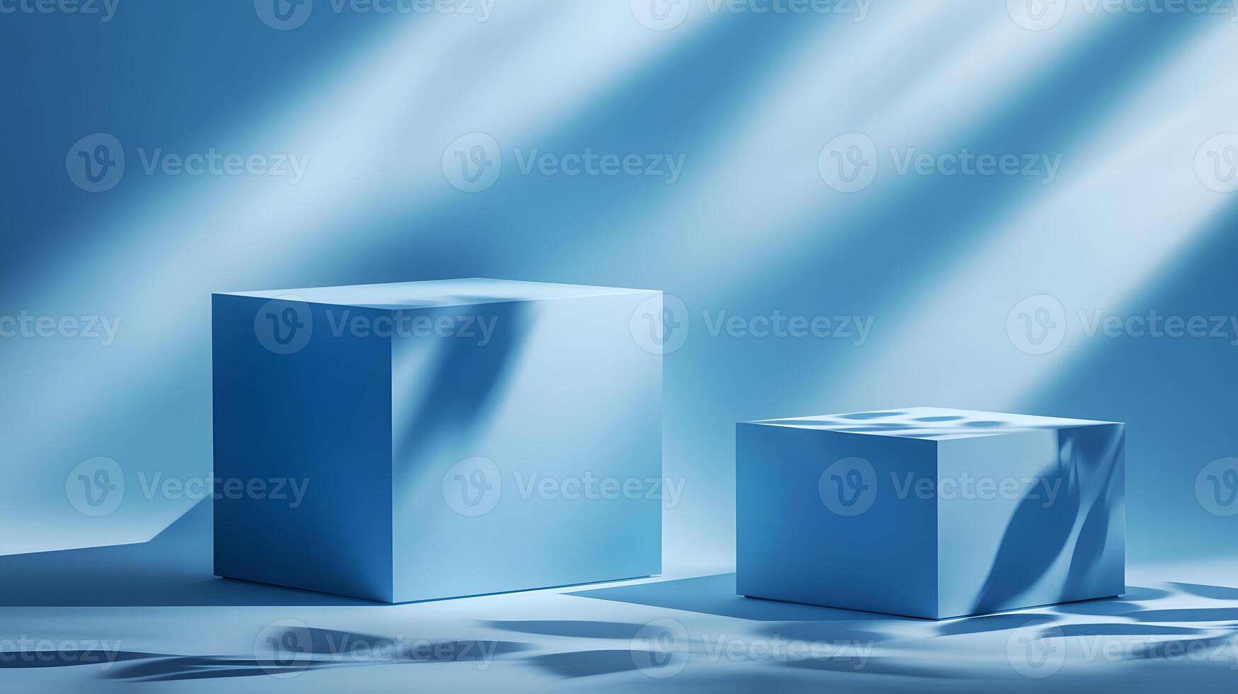 Two Light Blue Cubes with Leaf Shadows on Blue Surface photo