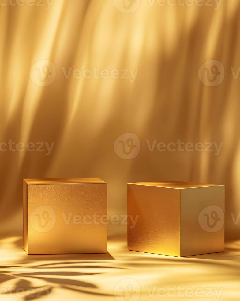 Two Gold Cubic Display Stands on Gold Surface with Foliage Shadows photo
