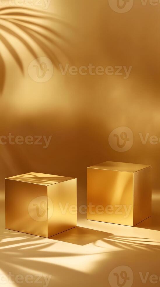 Two Gold Cubes with Palm Leaf Shadows on Gold Surface photo