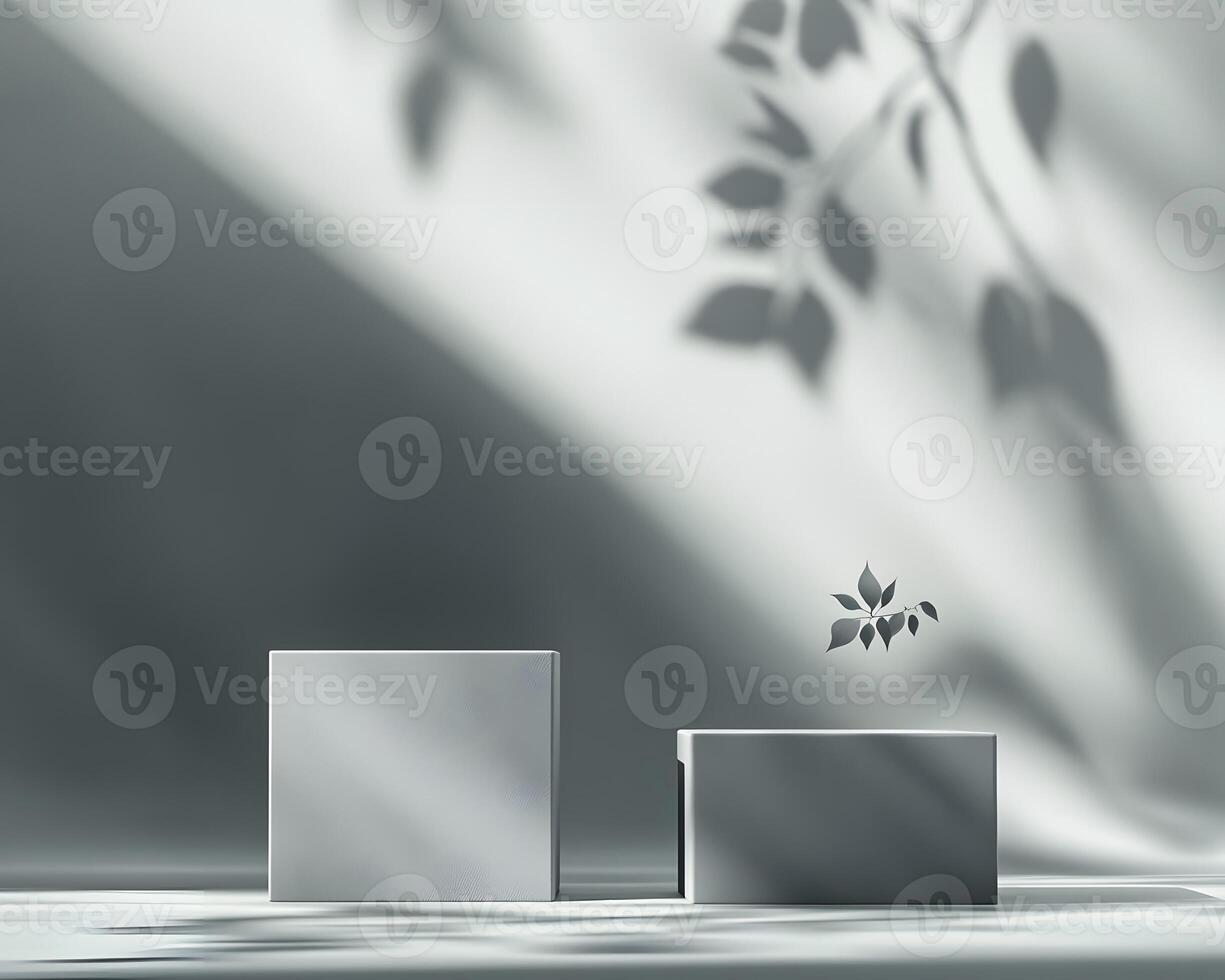 Two Grey Cubic Display Stands with Leaf Shadow Backdrop photo