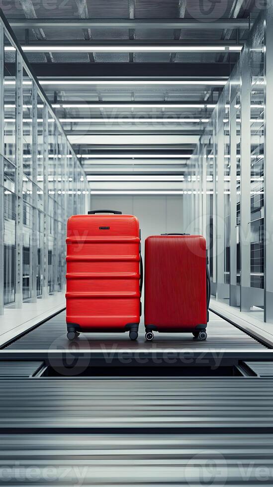 Two Red Suitcases on Airport Baggage Carousel photo
