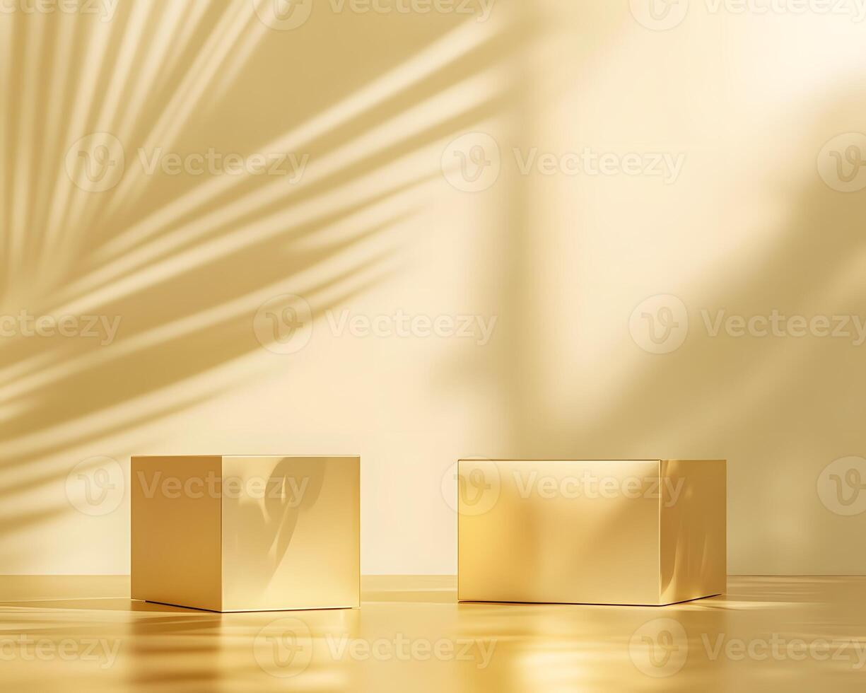 Two Gold Display Cubes with Palm Leaf Shadow photo
