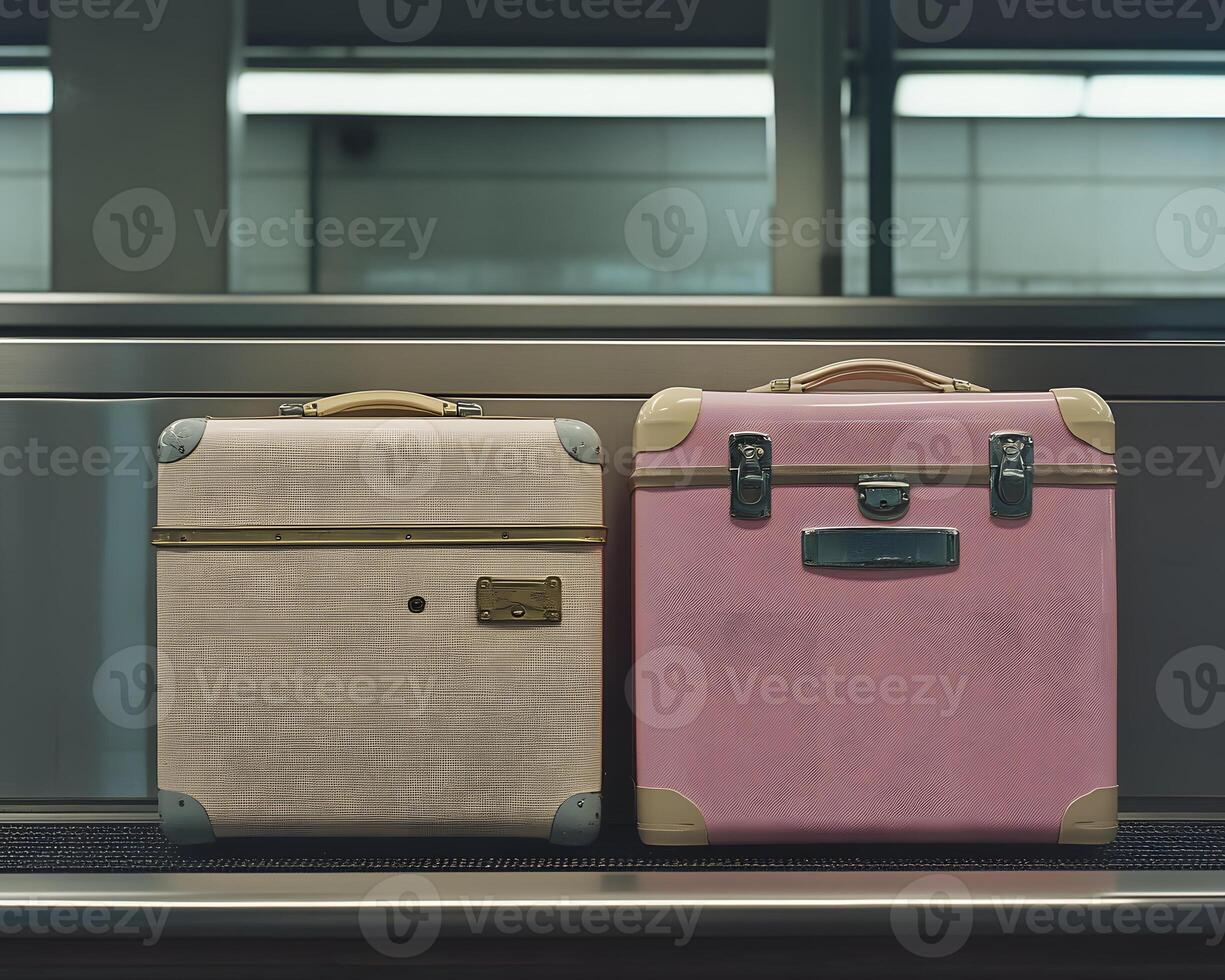 Beige and Pink Suitcases on Conveyor photo