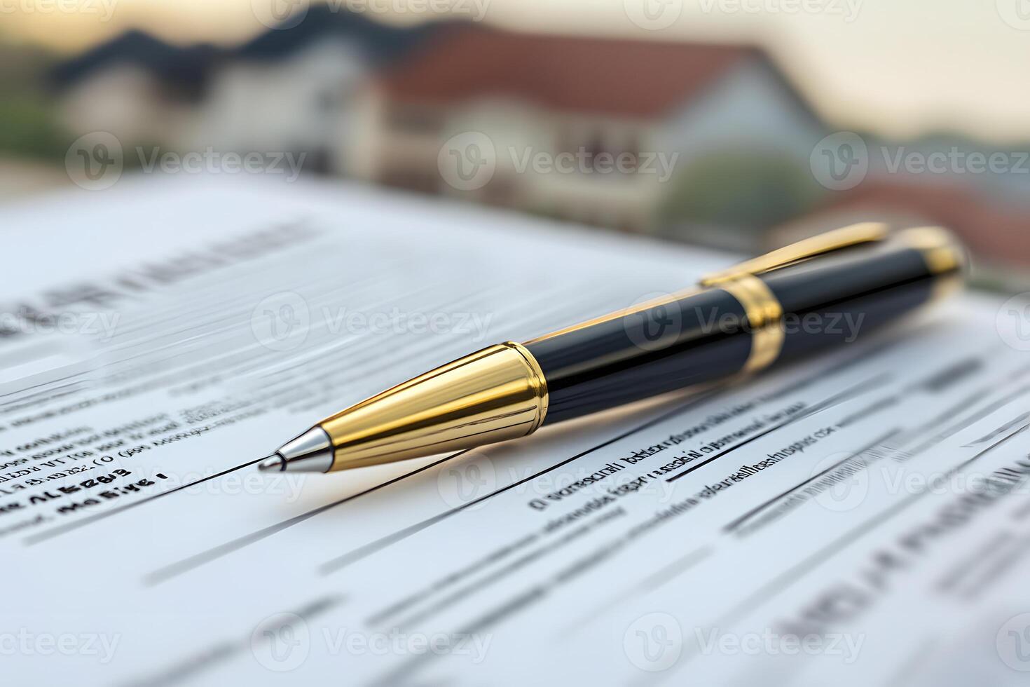 Gold and Black Pen on Document with Blurred Houses in Background photo