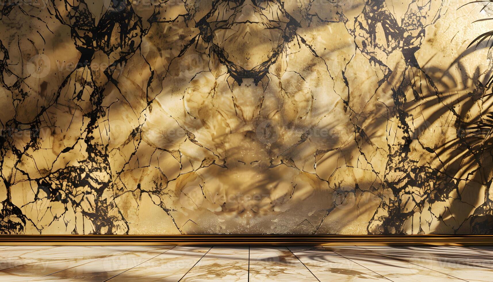 Gold and Black Marble Wall with Leaf Shadows and Gold Baseboard photo