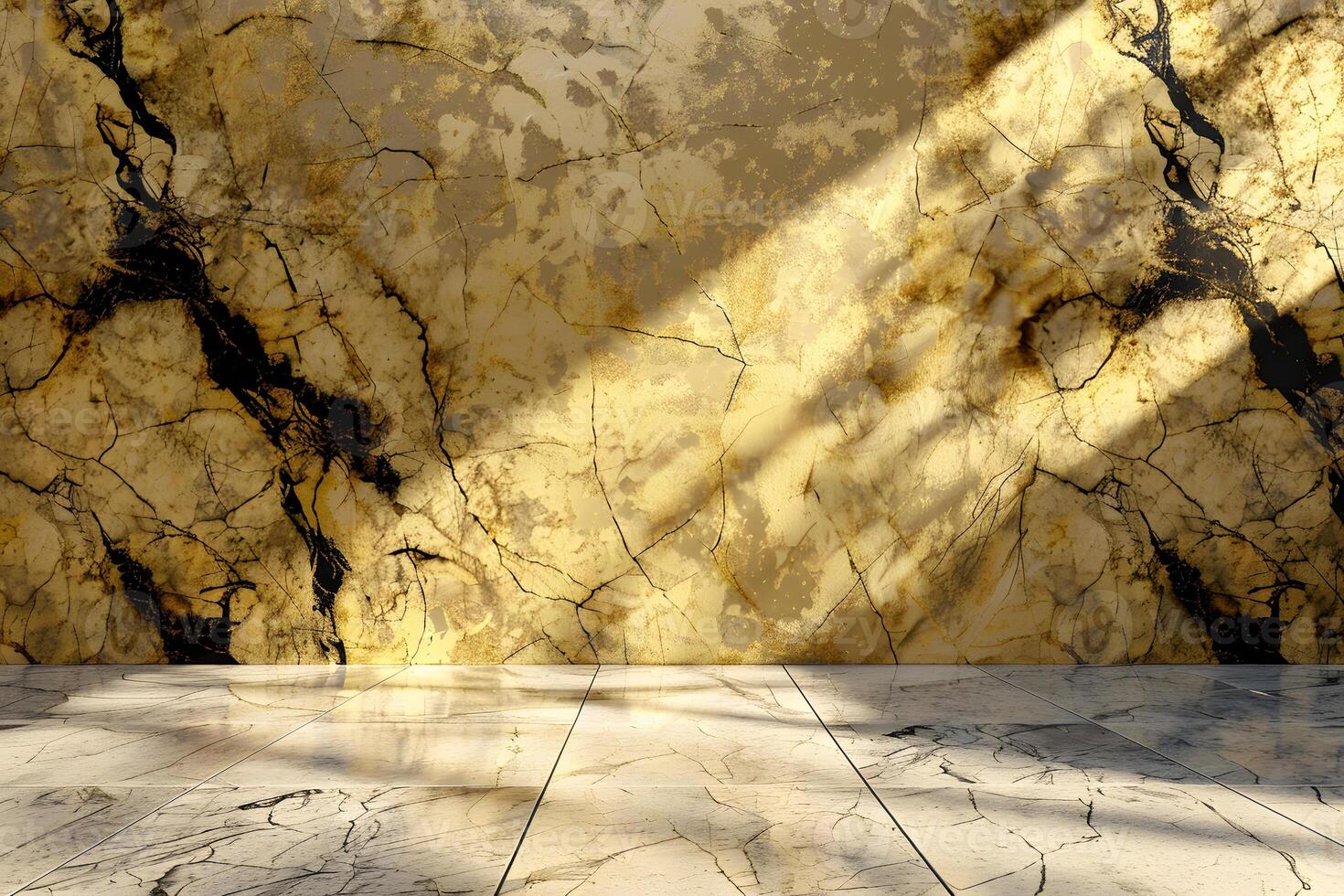 Gold and Black Marble Wall and Floor with Sunlight Shadows photo