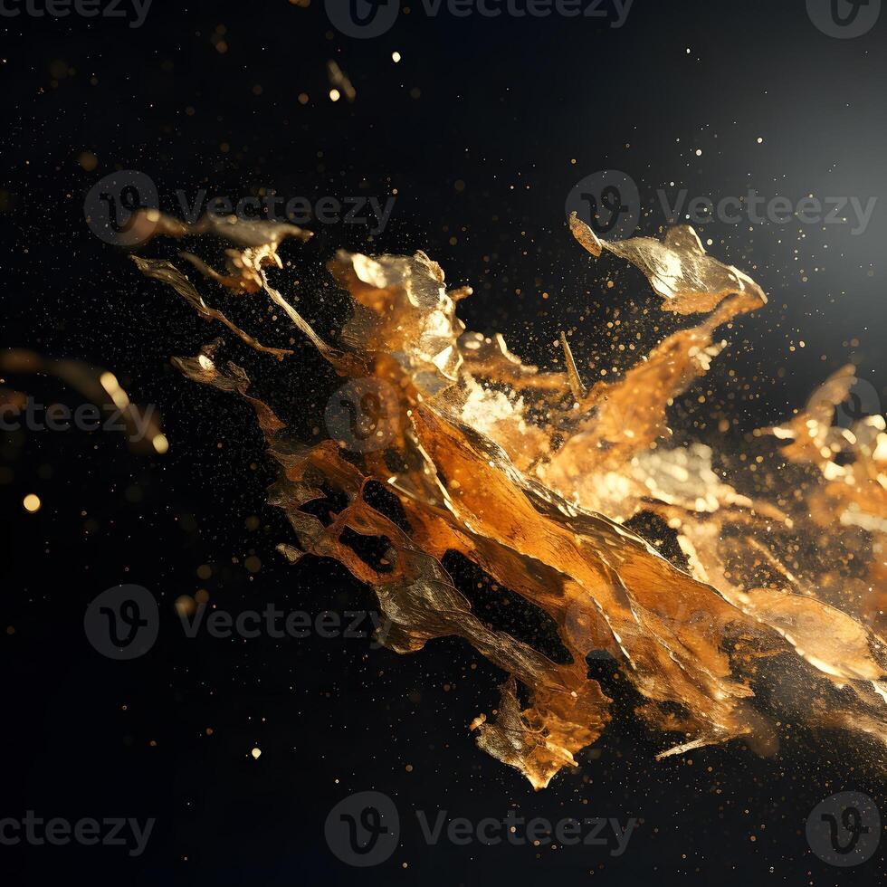 Golden Liquid Splash with Particles on Black Background photo