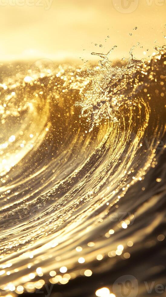 Golden Ocean Wave with Water Droplets and Bokeh photo