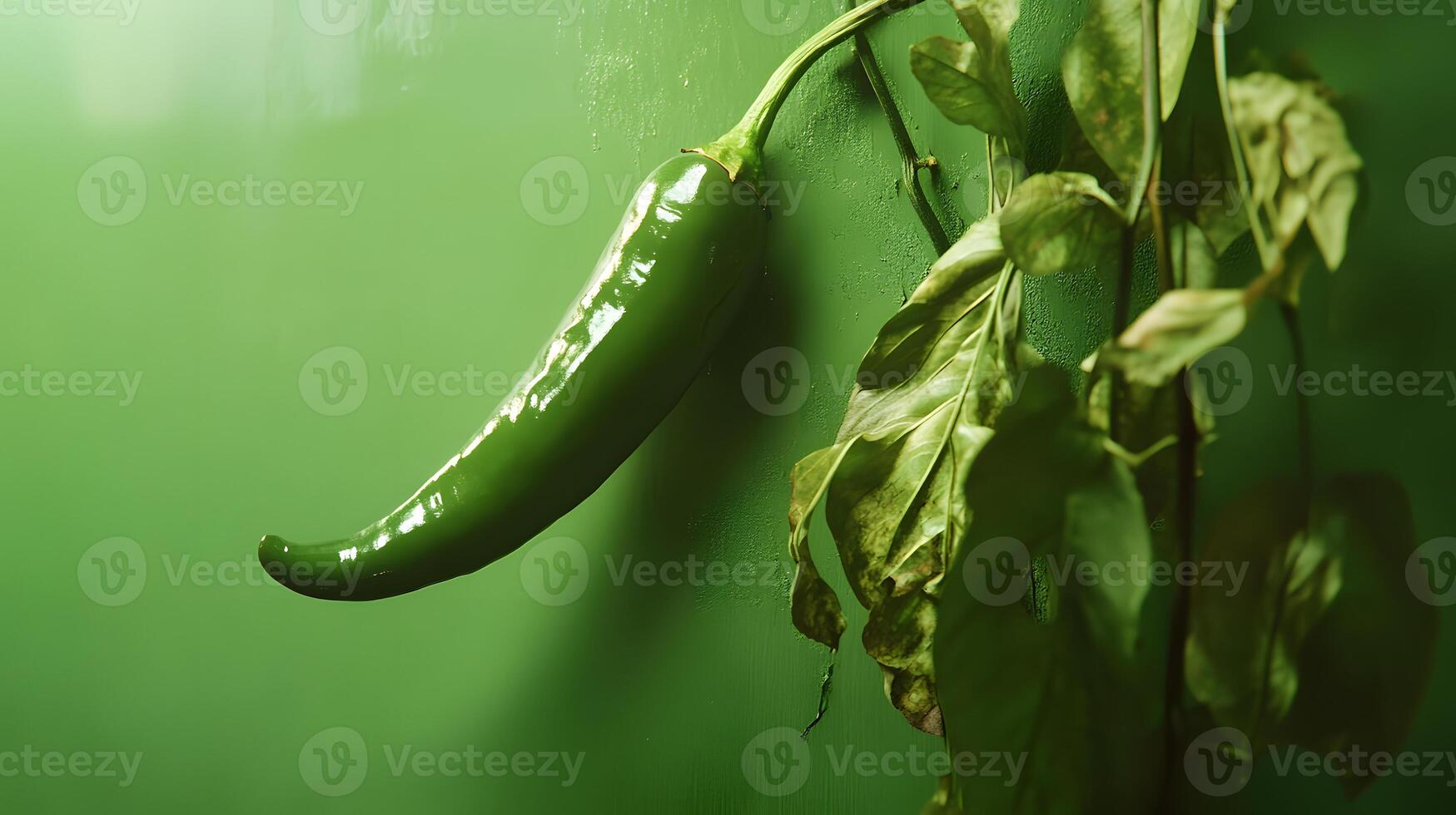Green Chili Pepper and Wilting Foliage on Green Background photo